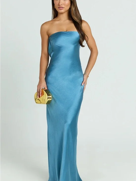 Showpo Teal Blue Satin Cowl-Back Maxi Dress - Picture 3 of 8